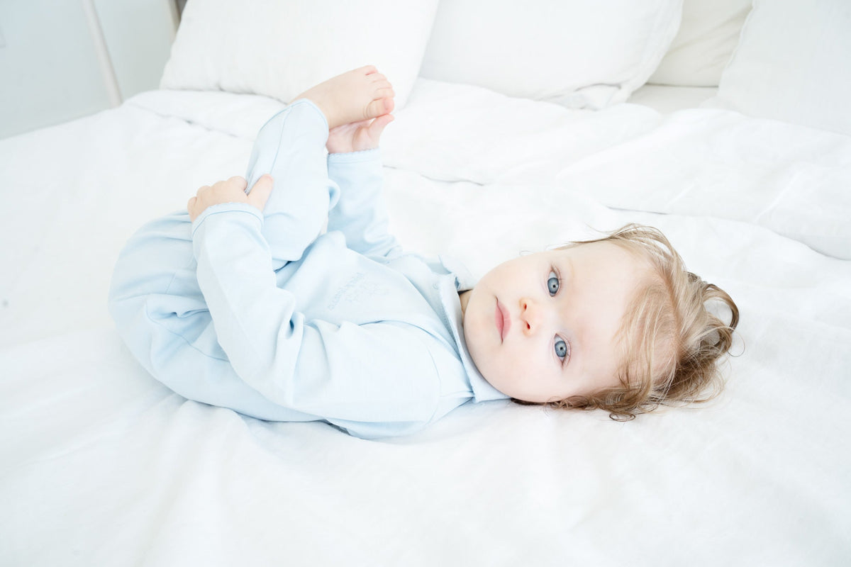 Baby blue Peruvian Pima cotton sleeper with Peter Pan collar by Pipa & Pierre