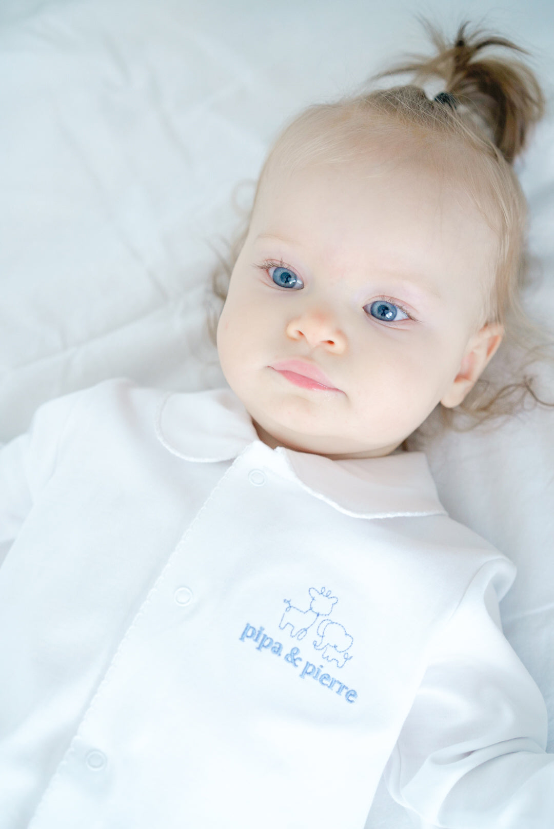 White Peruvian Pima cotton baby sleeper with Peter Pan collar by Pipa & Pierre