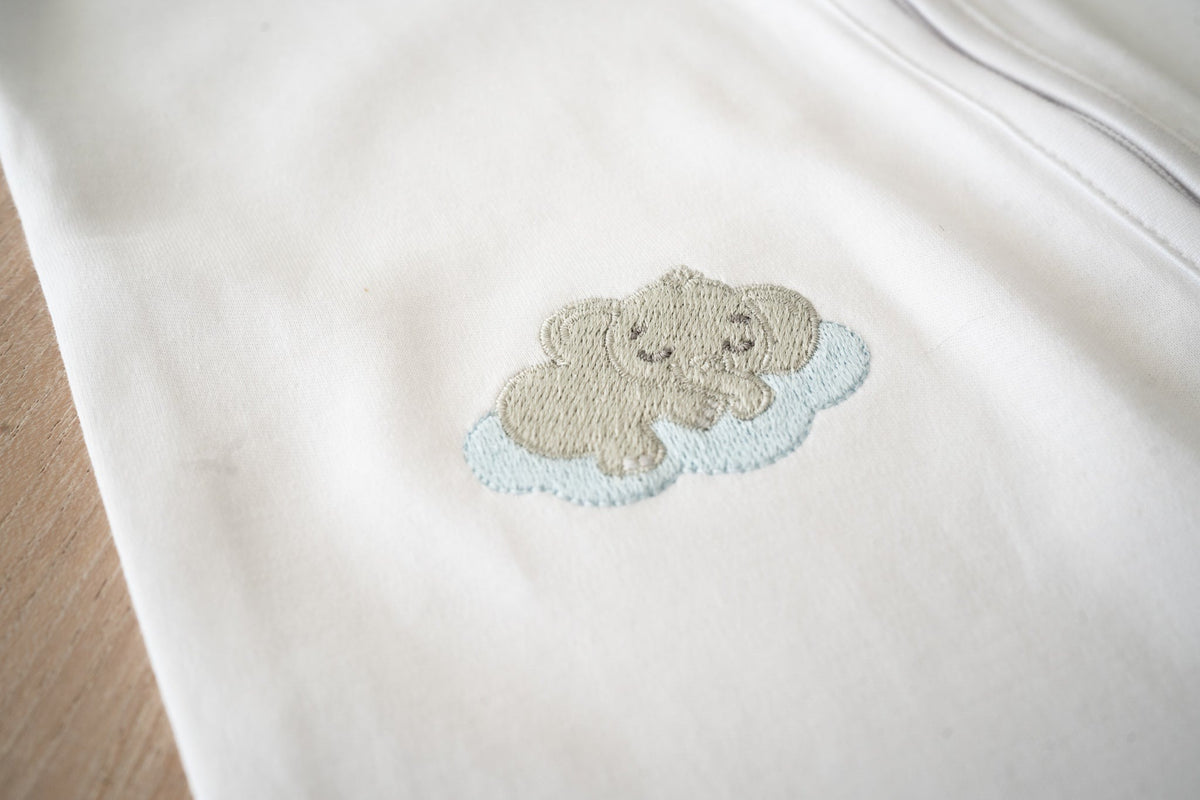 Double-zip Peruvian Pima cotton baby sleeper with giraffe and elephant embroidery by Pipa & Pierre
