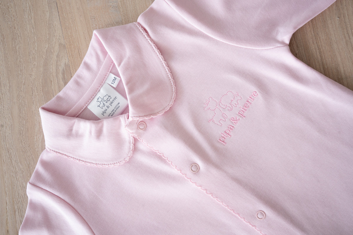 Pastel pink Peruvian Pima cotton baby sleeper with Peter Pan collar by Pipa & Pierre