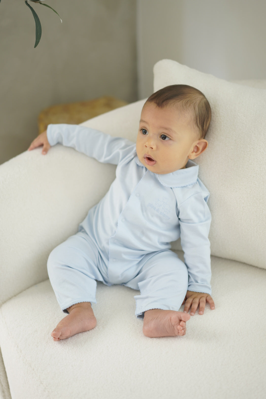 Baby blue Peruvian Pima cotton sleeper with Peter Pan collar by Pipa & Pierre