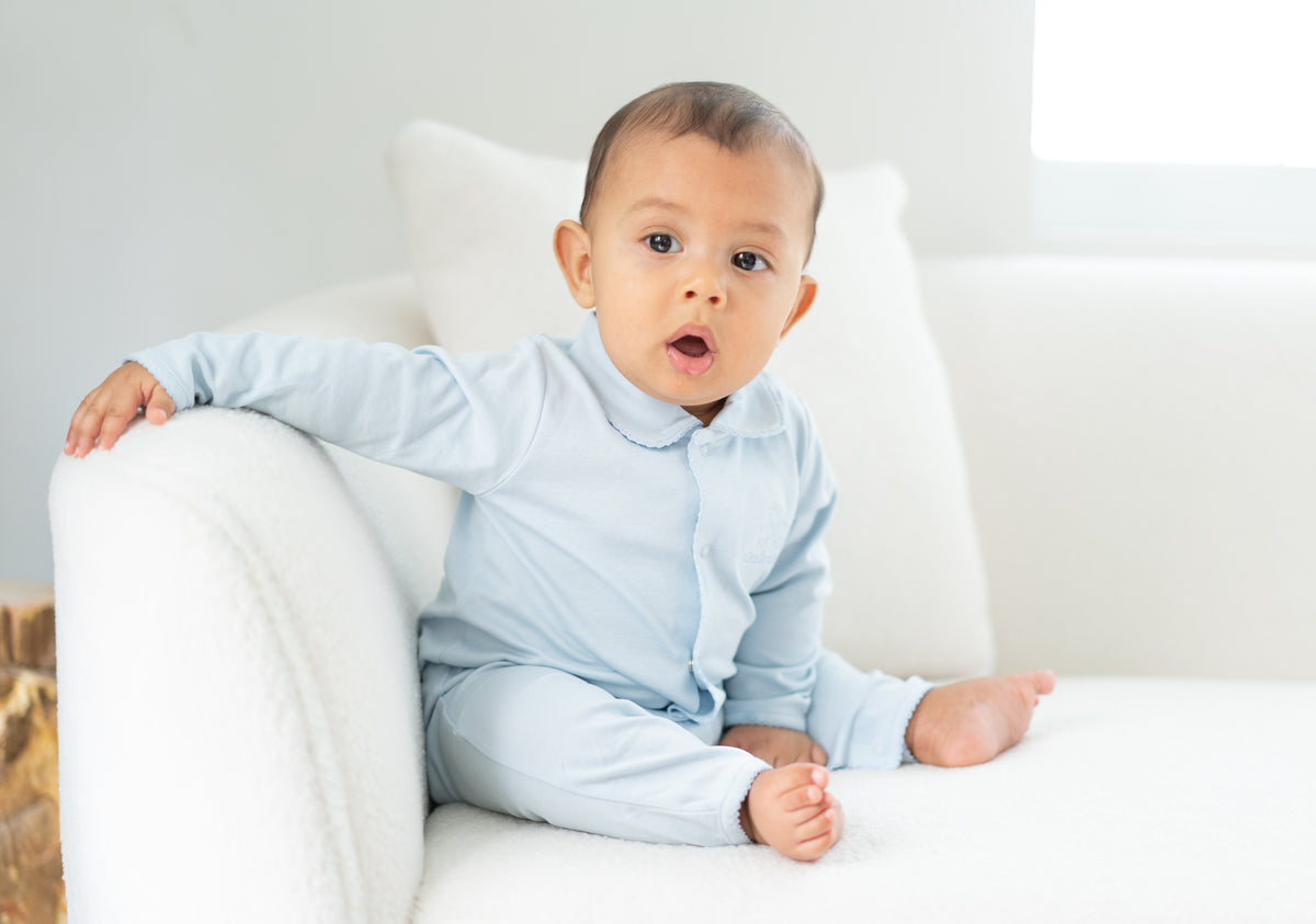 Baby blue Peruvian Pima cotton sleeper with Peter Pan collar by Pipa & Pierre