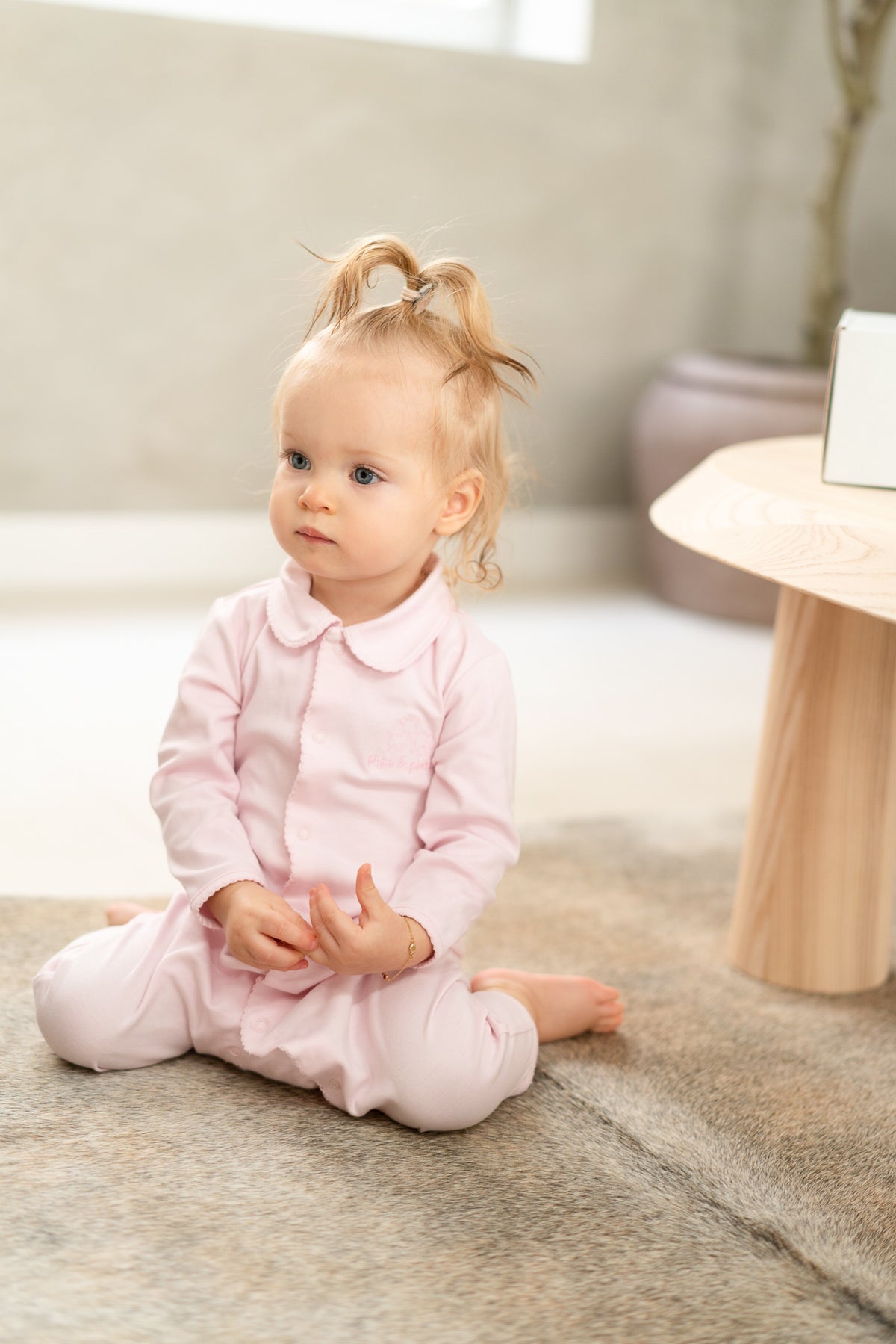 Pastel pink Peruvian Pima cotton baby sleeper with Peter Pan collar by Pipa & Pierre