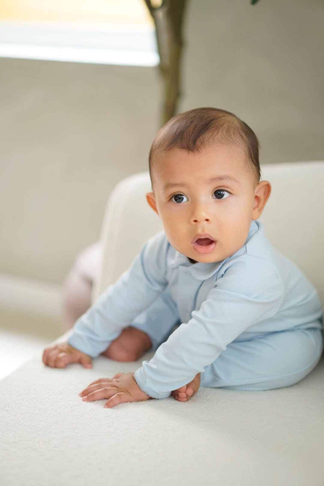 Baby blue Peruvian Pima cotton sleeper with Peter Pan collar by Pipa & Pierre