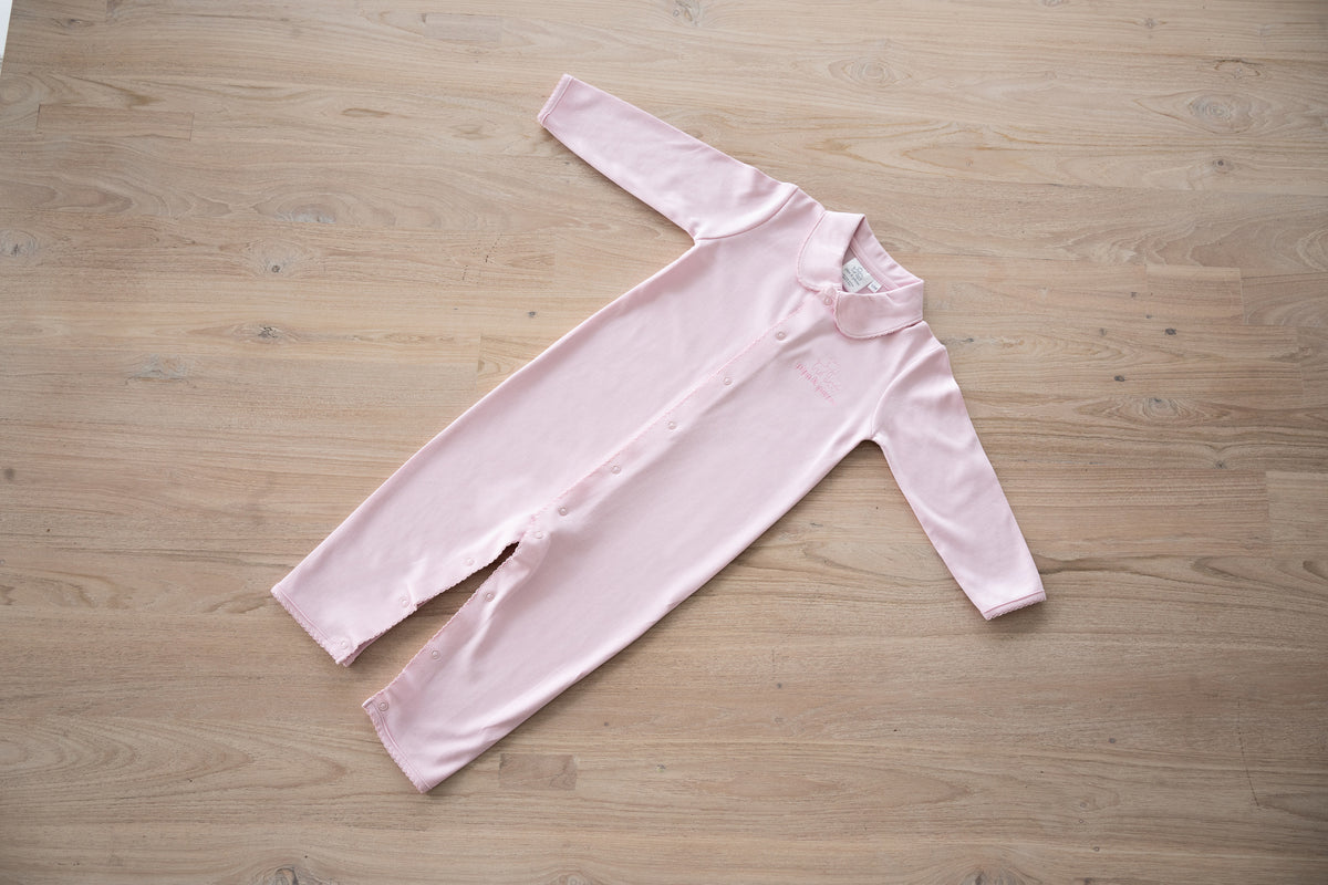 Pastel pink Peruvian Pima cotton baby sleeper with Peter Pan collar by Pipa & Pierre
