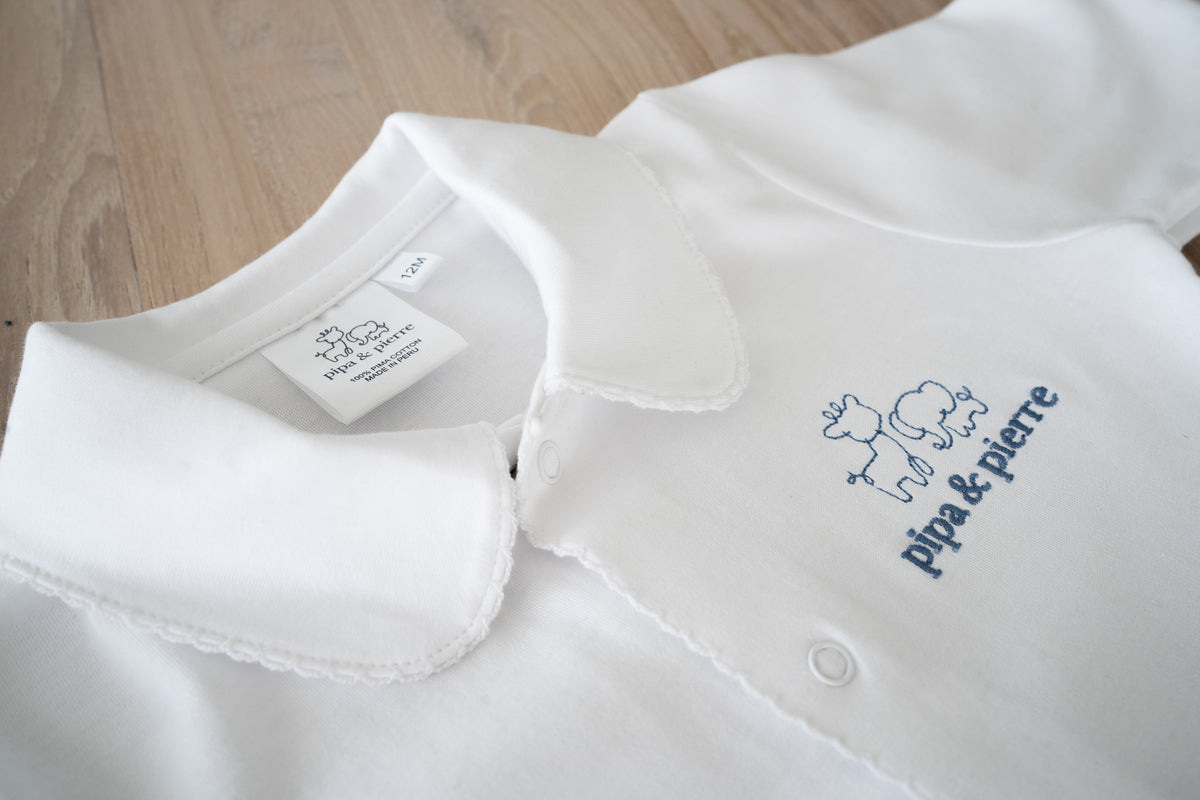 White Peruvian Pima cotton baby sleeper with Peter Pan collar by Pipa & Pierre