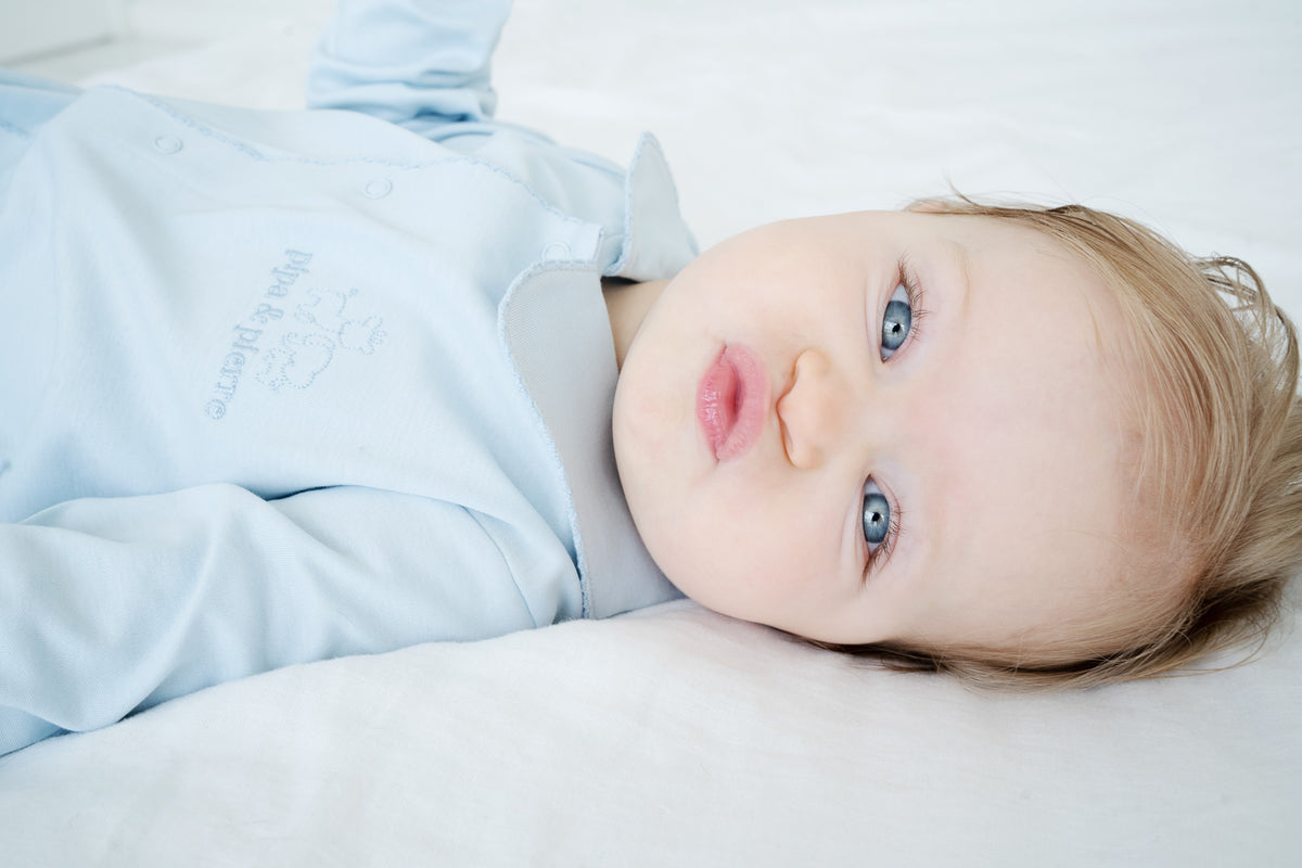 Baby blue Peruvian Pima cotton sleeper with Peter Pan collar by Pipa & Pierre